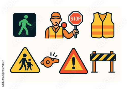 Pedestrian safety linear icon set. walking, caution, and warning symbols