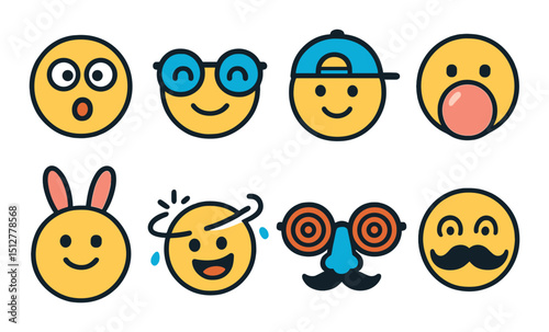 Silly emojis icon set: flat style emoticons and playful expression symbols