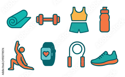 Fitness and exercise flat icon set. workout and gym symbols for active lifestyle