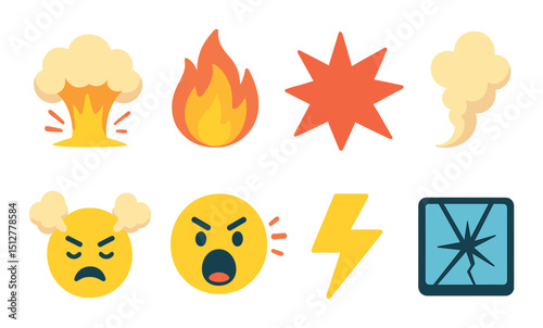 Anger and emotion flat icon set. mood and expression symbols for digital design