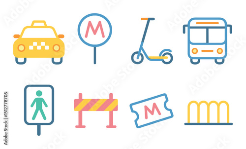 Night transport neon icon set. glowing commuting and urban travel symbols