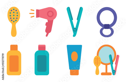 Hair care flat icon set. styling and grooming symbols for daily beauty routine