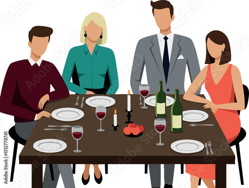 Group of four adults dining together with wine and candles at dinner table vector illustration 