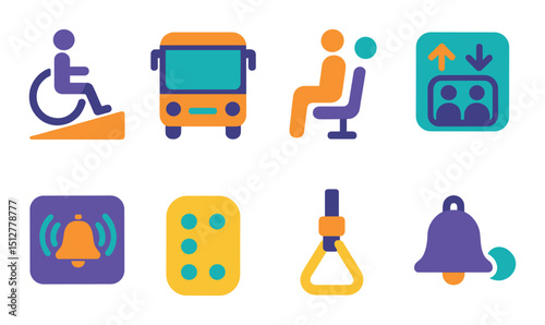 Accessibility and transit flat icon set. mobility and transport symbols