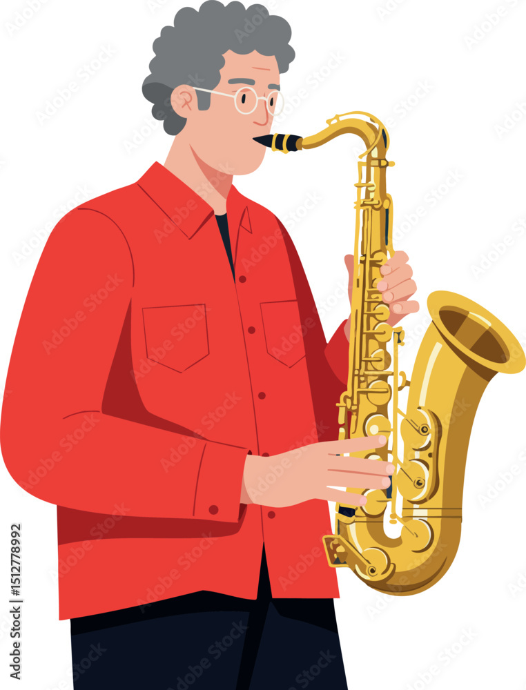 Fototapeta premium Man playing saxophone in red shirt with curly hair vector illustration
