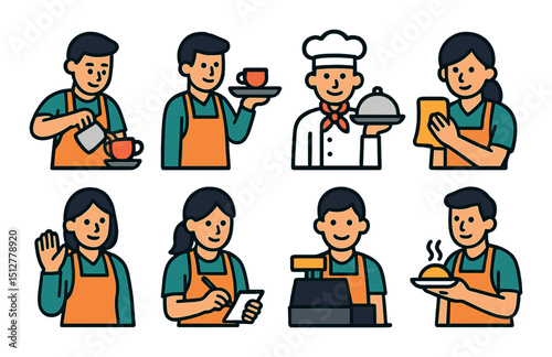 Café staff icon set: flat style. barista, waiter, and restaurant service symbols
