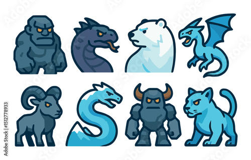 Mythical mountain beasts icon set in silhouette style. fantasy and creature symbols