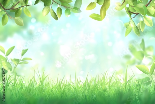 Bright Green Spring Grass and Leaves Background