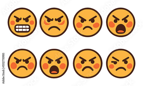 Angry expression icon set: flat style emojis for moods and emotions