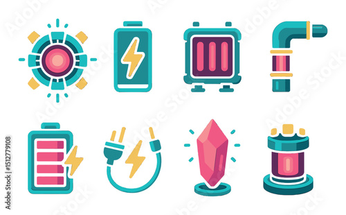 Cyberpunk energy icon set. futuristic and electric symbols in flat style