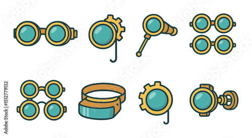 Steampunk eyewear icon set: flat style goggles, monocles, and retro optics