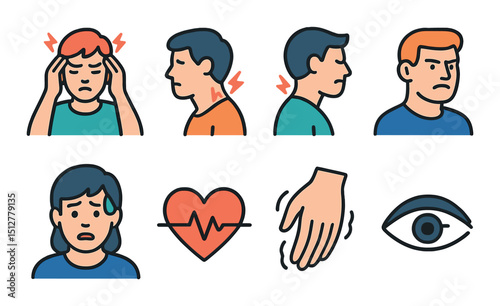 Stress management icon set in linear style. anxiety, tension relief symbols
