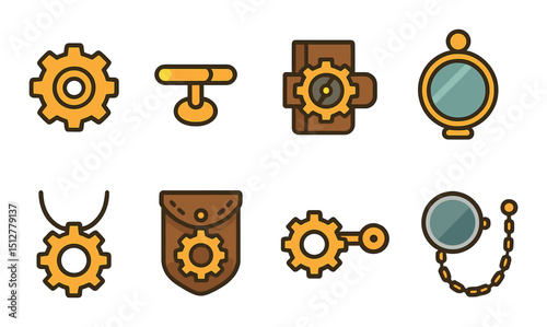 Steampunk accessories flat icon set. gear and gadget symbols for retro enthusiasts