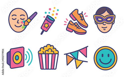 Festival and celebration icon set: flat style symbols for party and event themes