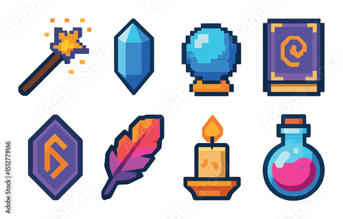 Magical items pixel icon set in flat style. fantasy objects and enchanted symbols