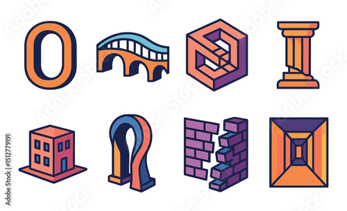 Architectural illusions icon set in flat style. optical tricks and building symbols