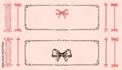 Set of Vintage Hand Drawn Frames with Whimsical Lines Bows and Ribbons Coquette Style Elegant Minimalist Line Art Borders for Posters Banners and Wedding eps