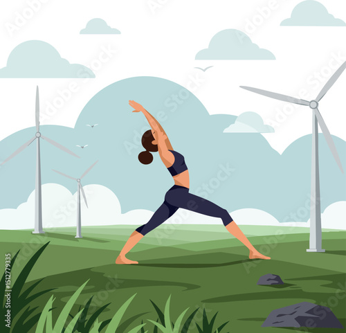Woman practicing yoga outdoors near wind turbines in green field with cloudy sky 