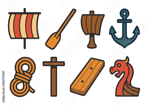 Viking ship icon set in flat style. nautical, maritime, and sea travel symbols