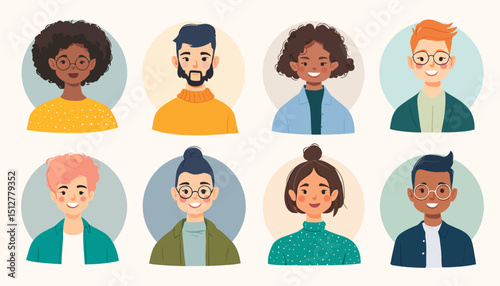 Set of Young People Character Avatars with Diverse Hairstyles, Clothes, and Glasses � Smiling Faces, Trendy Style Illustration for Icons, Avatars, Portrait Design