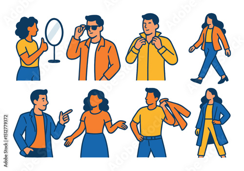 Confidence and style flat icon set. fashion and self-assurance symbols