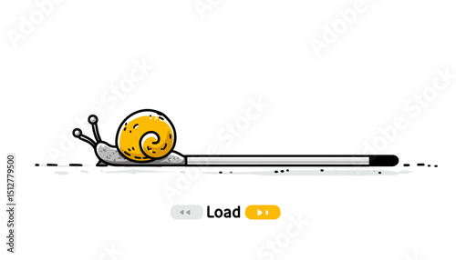 Slow Internet Loading Bar Doodle with Snail � Slow Speed Load Bar Concept, Hand Drawn Line Sketch Style, Isolated Vector Illustration