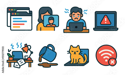 Remote work stress icon set in flat style. telecommuting and burnout symbols