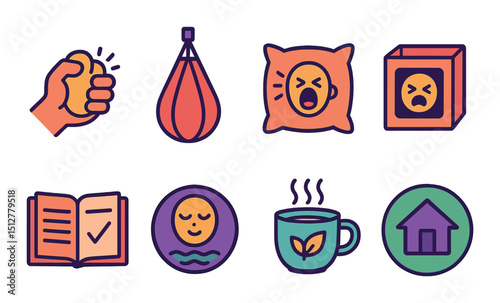 Anger management flat icon set. stress relief and relaxation tool symbols