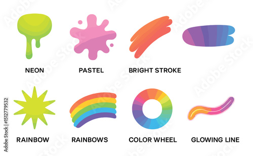 Neon and pastel icon set in vibrant colors. bright and glowing design symbols