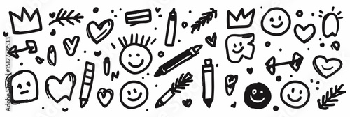 Hand drawn smile brush vector set with emoji faces, hearts, crowns, arrows, and crayon texture elements