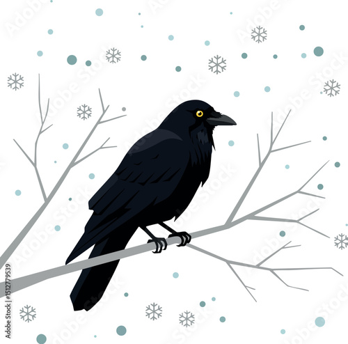 Black crow perched on bare winter tree branch with falling snowflakes vector illustration 