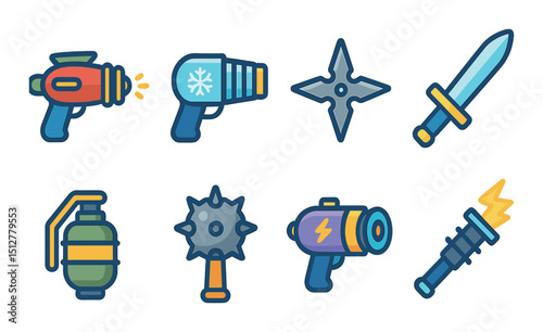 Comic weaponry icon set in flat style. cartoon arms and fantasy weapons collection