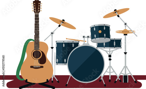 Acoustic guitar and drum set musical instruments vector illustration on stage 