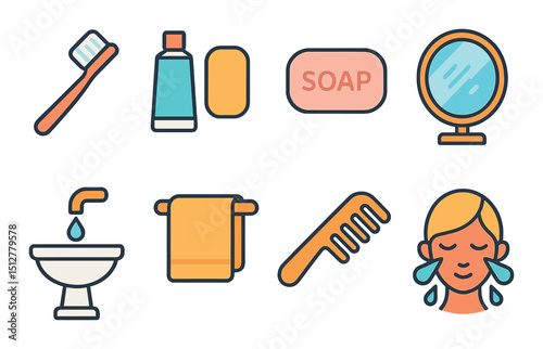 Bathroom essentials flat icon set. hygiene and grooming symbols for daily use