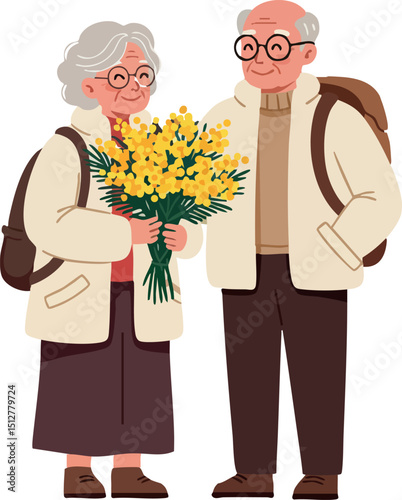 Elderly couple with yellow flower bouquet standing together in warm clothing vector illustration 