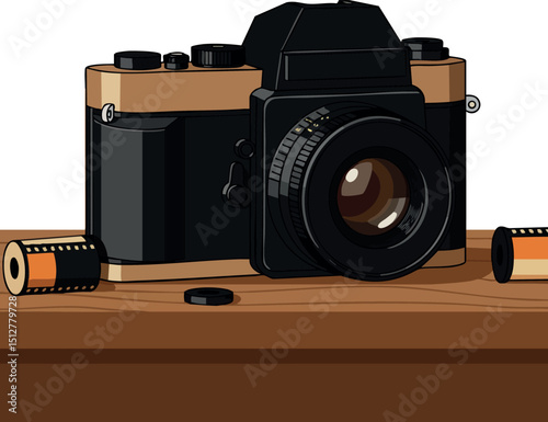 Vintage film camera with film rolls on wooden table vector illustration 