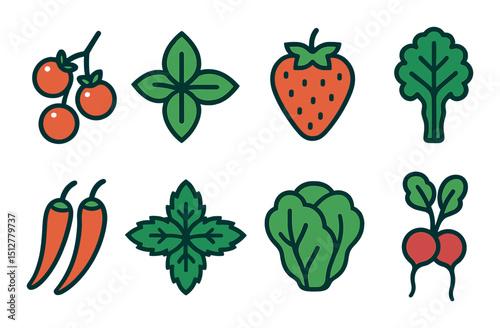 Edible urban crop icon set in flat style for gardening and agriculture projects