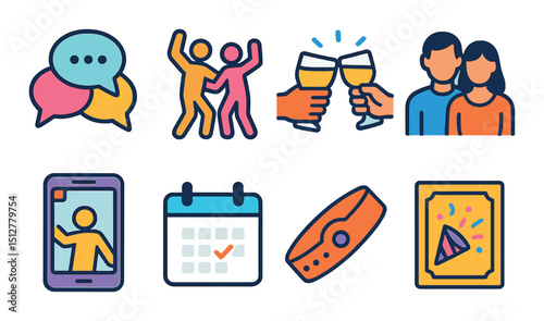 Vibrant nightlife icon set. colorful flat style for party and entertainment themes