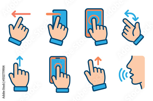 Gesture control flat icon set. touch and swipe interaction symbols for tech apps