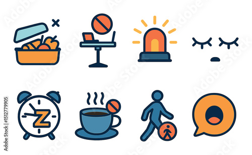 Neglected breaks flat icon set. simple rest hours and break time symbols