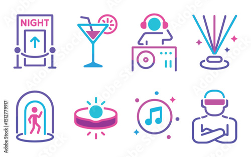 Cyberpunk nightlife icon set in flat style. futuristic and neon symbols