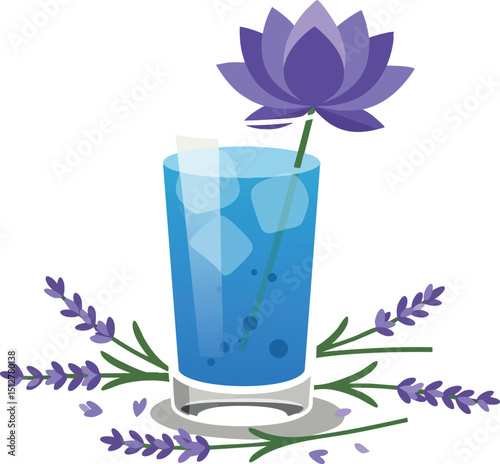 Blue glass of lavender infused water with ice and purple flowers vector illustration 