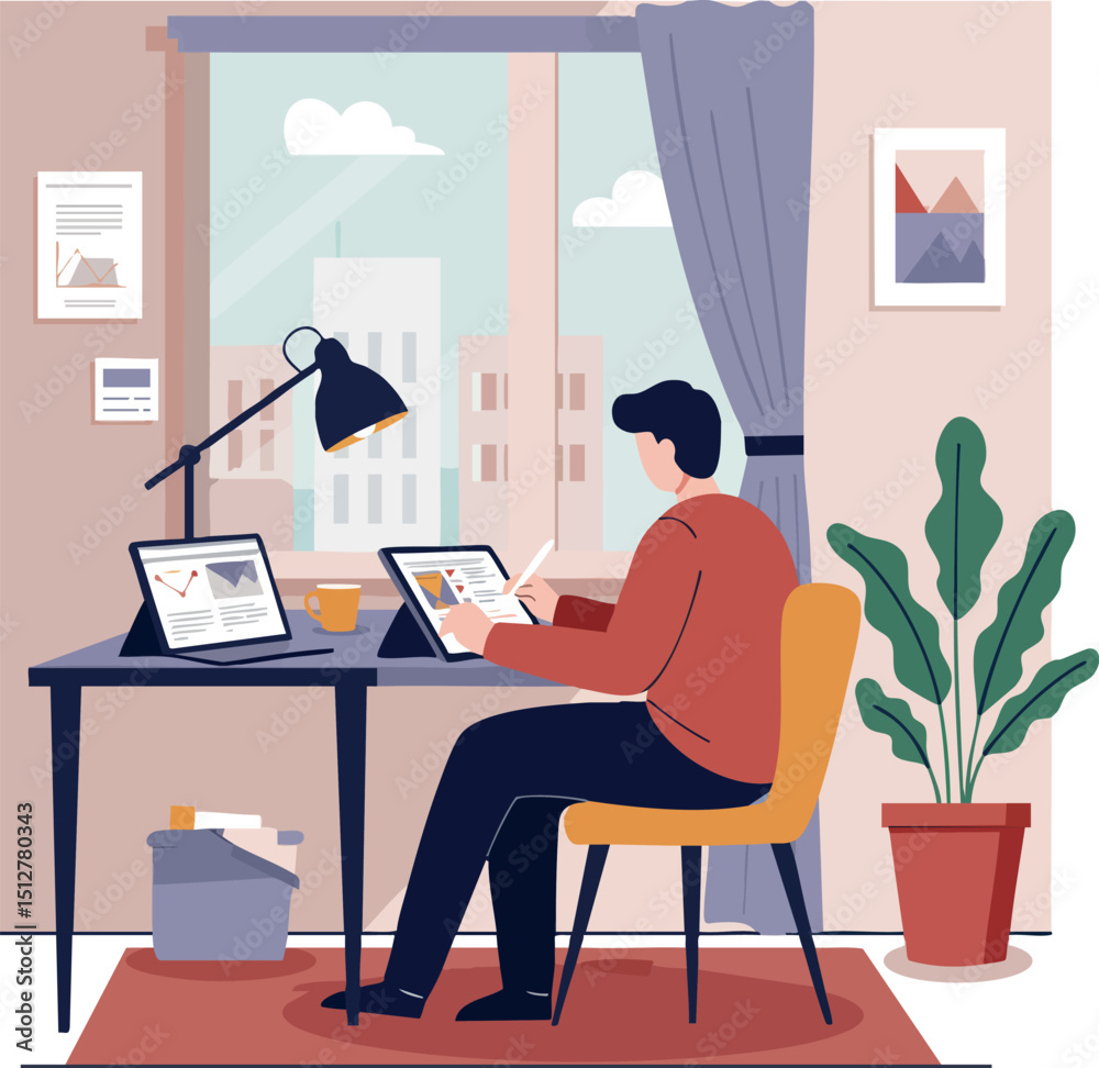 Fototapeta premium Man working at desk using digital tablet and laptop in modern home office interior