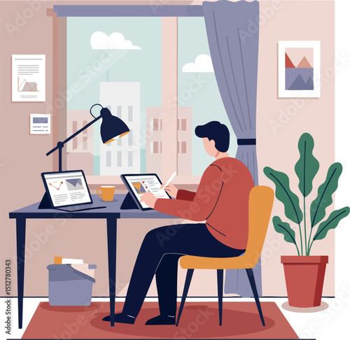 Man working at desk using digital tablet and laptop in modern home office interior 