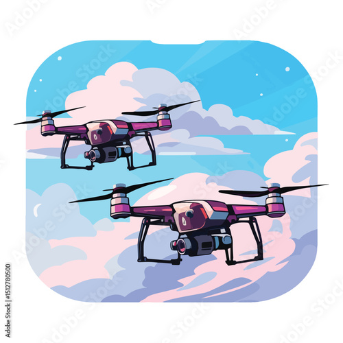 Professional Vector Illustration of Two Drones Flying in the Sky with Clouds