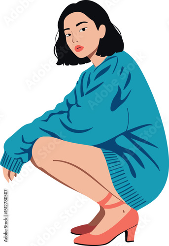 Young woman in blue sweater crouching pose vector illustration with red shoes 