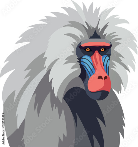 Mandrill monkey with colorful face and gray fur vector illustration portrait 