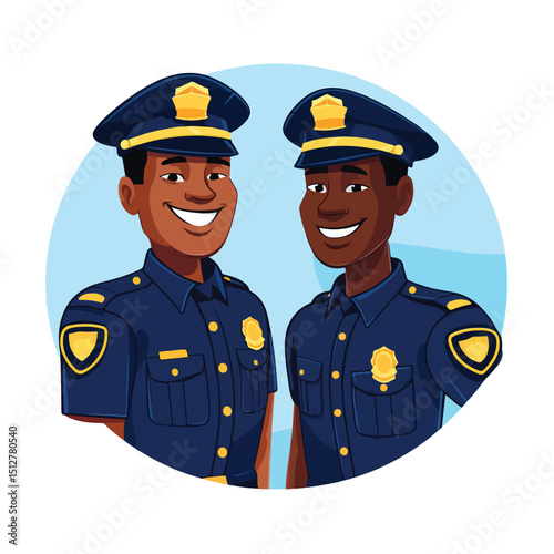 Professional Afroamerican Policeman Working with Two Policemen in Law Enforcement Scene Vector Illustration