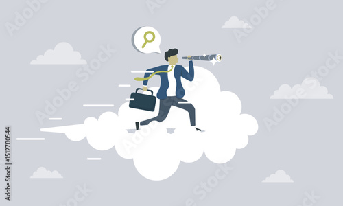 Man using monocular looking for job or hire a person. search for a job while riding cloud. vector design presentation inspiration metaphors