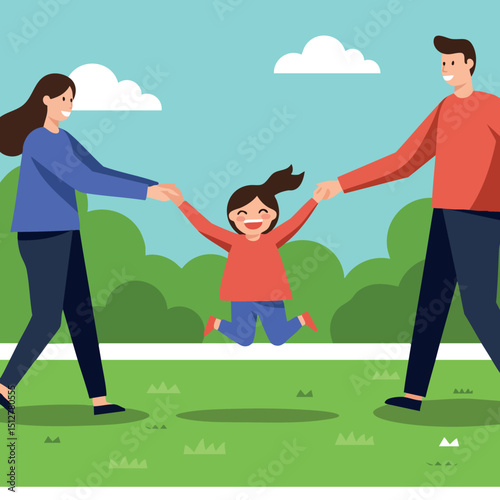 Family enjoying outdoor play with parents swinging child in park during clear day vector illustration 
